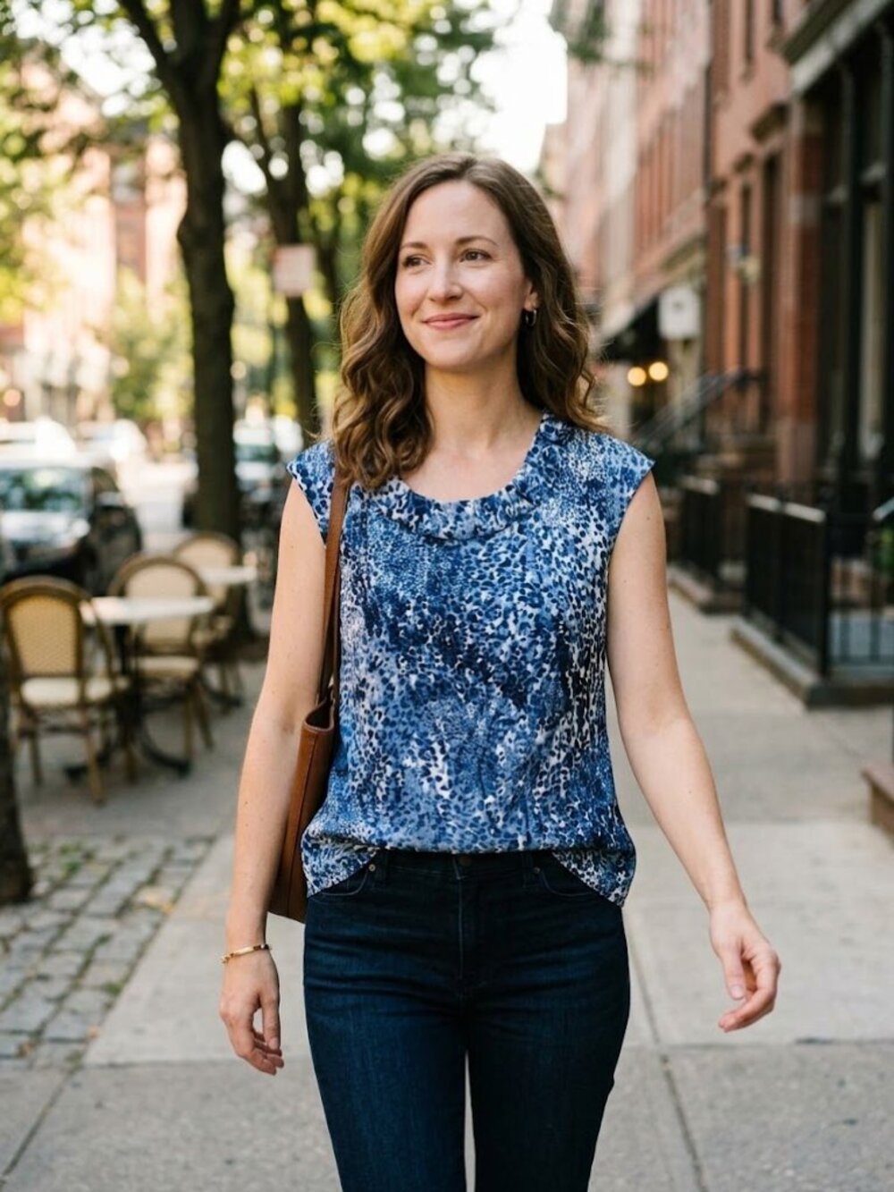 Anne Klein Leopard-Print Ruffle-Neck Sleeveless Blouse in Blue